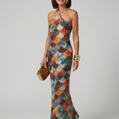 Multicolor scale-pattern fitted maxi dress with halter straps and strappy back