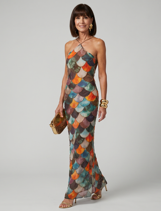 Multicolor scale-pattern fitted maxi dress with halter straps and strappy back