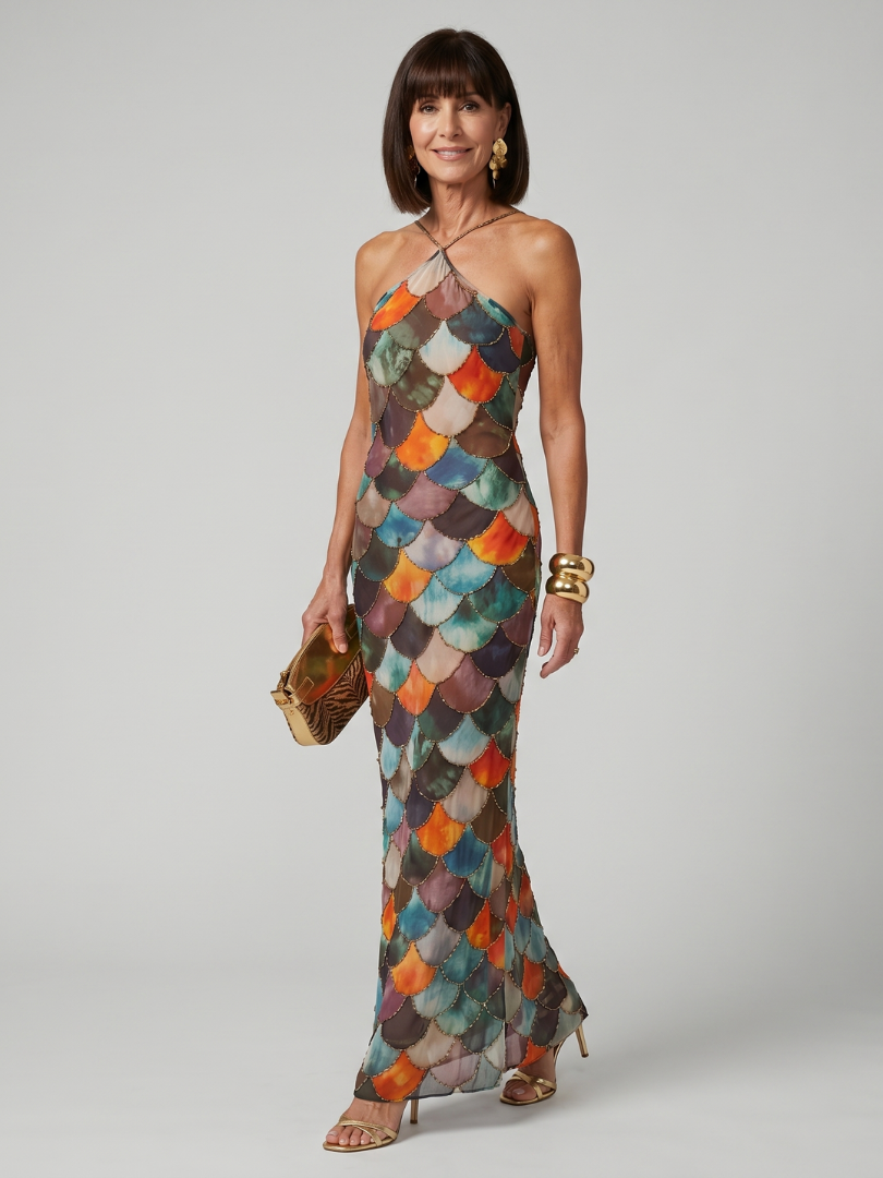 Multicolor scale-pattern fitted maxi dress with halter straps and strappy back
