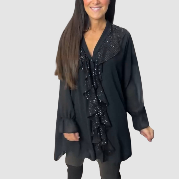 Black ruffled V-neck blouse with sequin-like front detail and long sleeves.