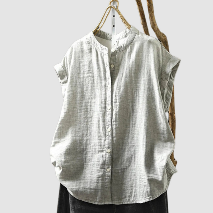 Vintage light gray button-front shirt, short sleeves, relaxed loose fit