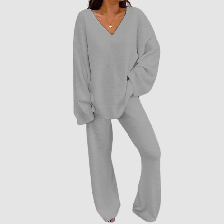 Gray V-neck long-sleeve sweater and wide-leg pants set