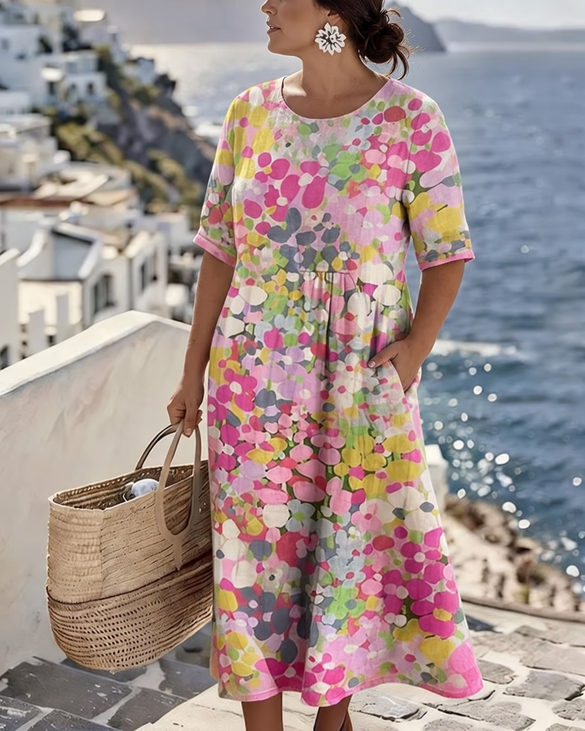 Pink floral midi dress with short sleeves and round neckline, loose gathered skirt