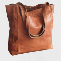 Brown leather tote bag with double top handles and interior zipper pocket