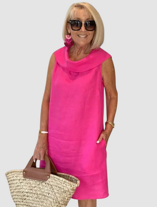 Pink sleeveless cowl-neck casual dress, knee-length