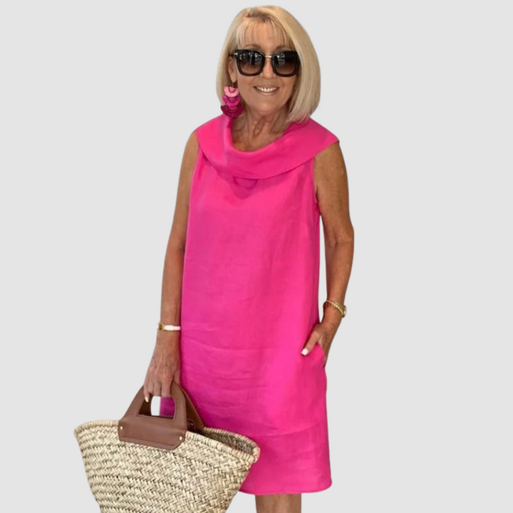 Pink sleeveless cowl-neck casual dress, knee-length