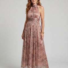 Textured finish sleeveless midi dress, mauve-pink, high halter neckline