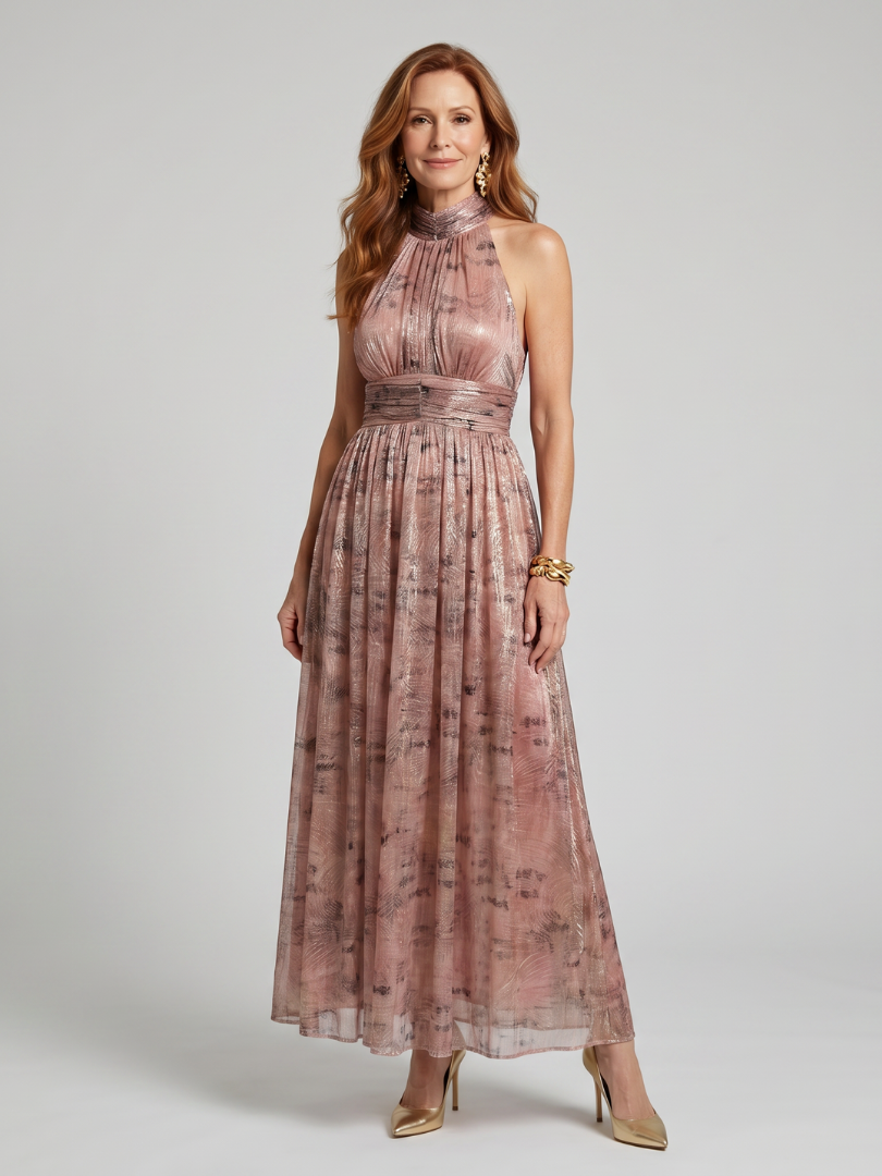 Textured finish sleeveless midi dress, mauve-pink, high halter neckline