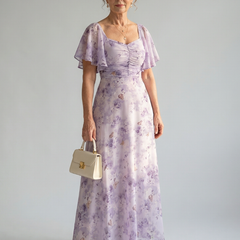 Floral lilac midi dress with flutter sleeves and ruched square neckline