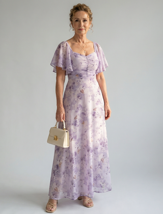 Floral lilac midi dress with flutter sleeves and ruched square neckline