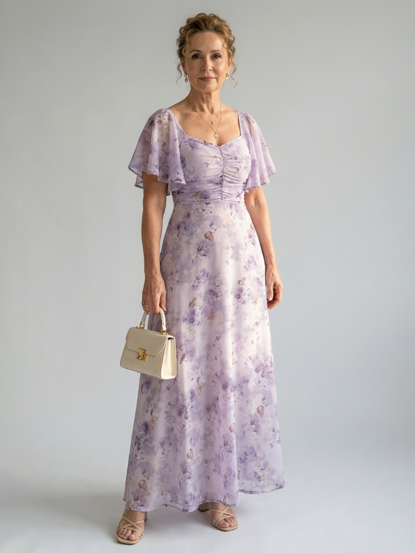 Floral lilac midi dress with flutter sleeves and ruched square neckline