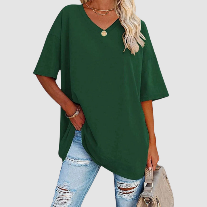 Dark green V-neck T-shirt with short sleeves, relaxed fit, draped side hem slit.