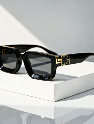 Monaco Marquee Shades sunglasses with black square frames and gold logo detail