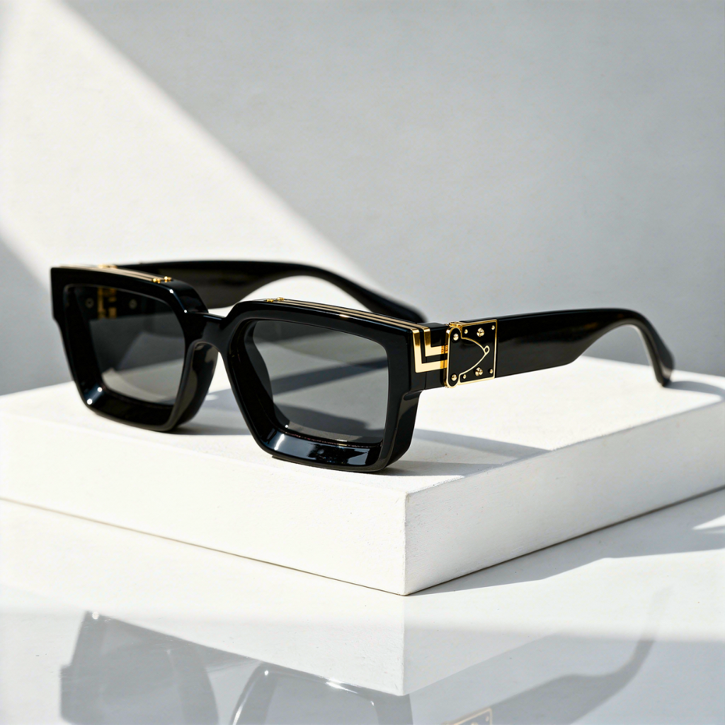 Monaco Marquee Shades sunglasses with black square frames and gold logo detail