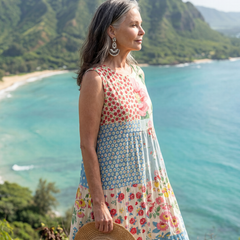 Floral midi dress, sleeveless scoop neck, multicolor patchwork border hem