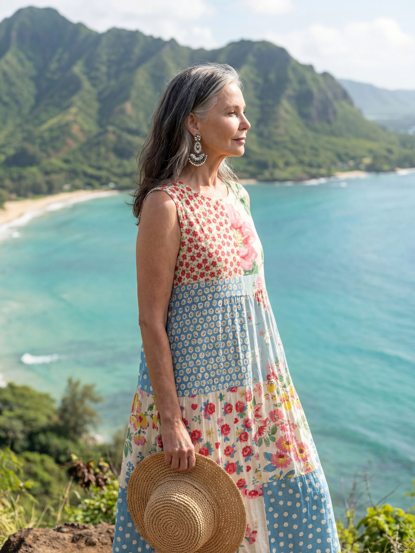 Floral midi dress, sleeveless scoop neck, multicolor patchwork border hem