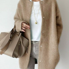 Khaki round-neck button-front cardigan with long sleeves