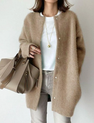 Khaki round-neck button-front cardigan with long sleeves