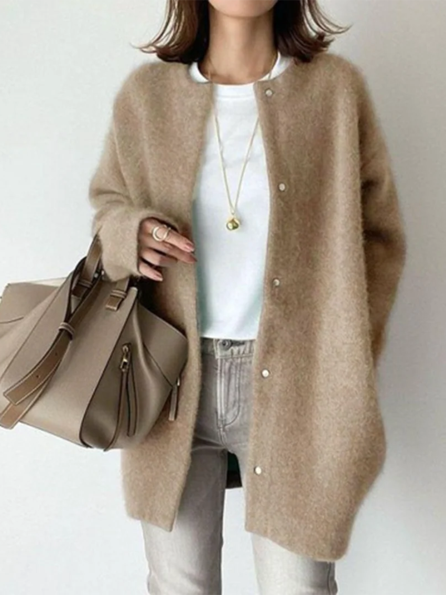 Khaki round-neck button-front cardigan with long sleeves