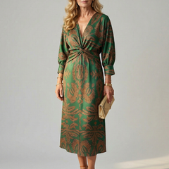 Dark green wrap midi dress with paisley-style print, three-quarter sleeves