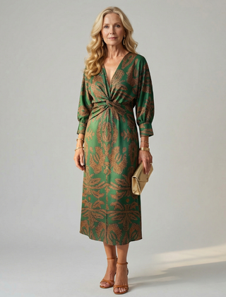 Dark green wrap midi dress with paisley-style print, three-quarter sleeves