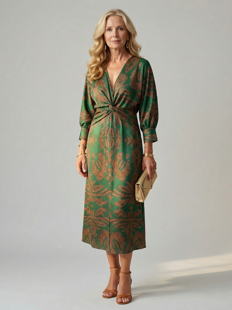 Dark green wrap midi dress with paisley-style print, three-quarter sleeves
