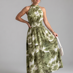 Green abstract print gathered-waist midi dress with sleeveless halter neckline
