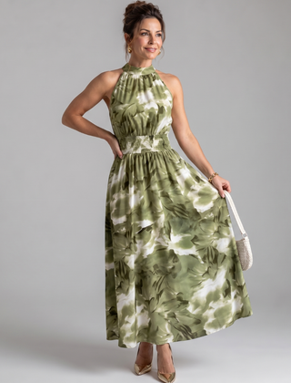 Green abstract print gathered-waist midi dress with sleeveless halter neckline