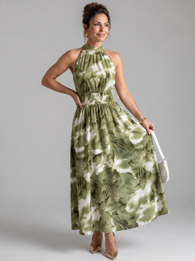 Green abstract print gathered-waist midi dress with sleeveless halter neckline