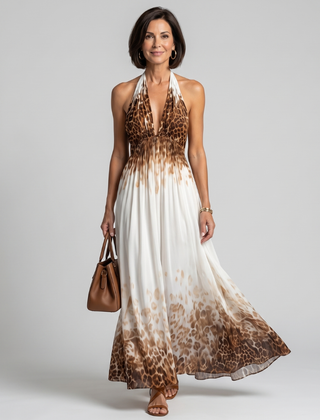 Pleated halter midi dress in white with brown leopard print panels and flowing skirt