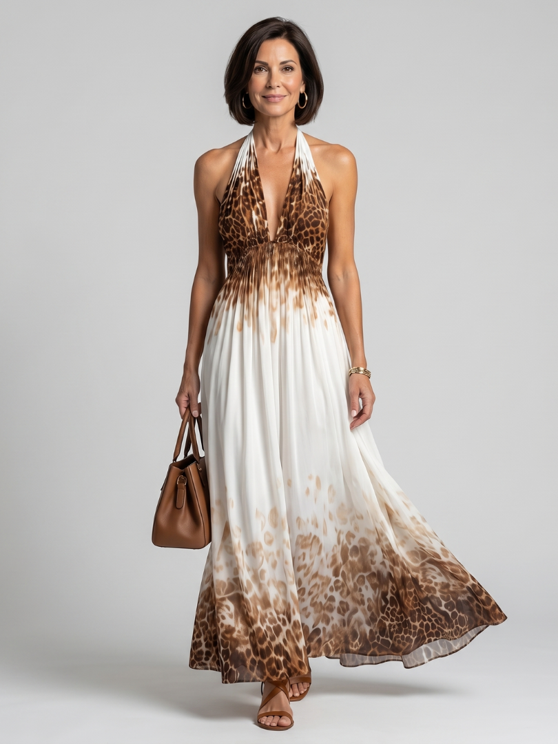 Pleated halter midi dress in white with brown leopard print panels and flowing skirt