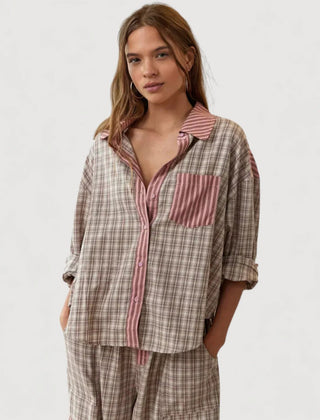Relaxed pyjama set: pink-and-plaid button shirt with matching drawstring trousers