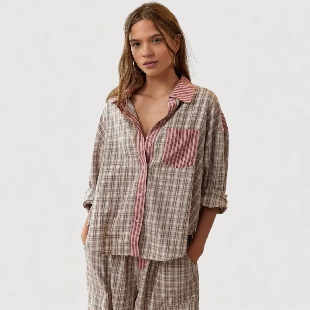 Relaxed pyjama set: pink-and-plaid button shirt with matching drawstring trousers
