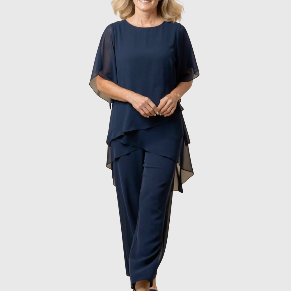 Navy draped palazzo set with overlay top and wide-leg trousers