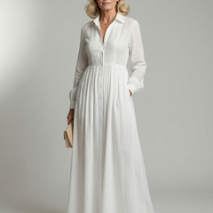 White soft flow maxi dress with V-neck, long sleeves, button front and gathered waist