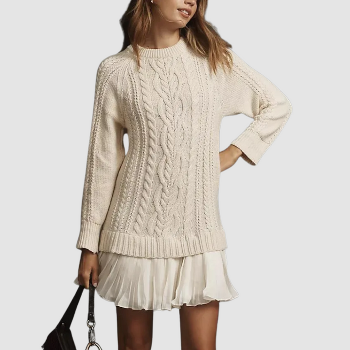 Light beige cable knit mini dress, long sleeve crew neck with ribbed hem and ruffled skirt