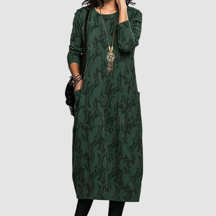 Bethanie™ elegant soft dress, dark green leaf-print tiered midi with long sleeves
