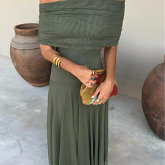 Toledo maxi dress in deep green, off-shoulder neckline with gathered waist and flowing skirt