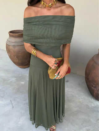 Toledo maxi dress in deep green, off-shoulder neckline with gathered waist and flowing skirt