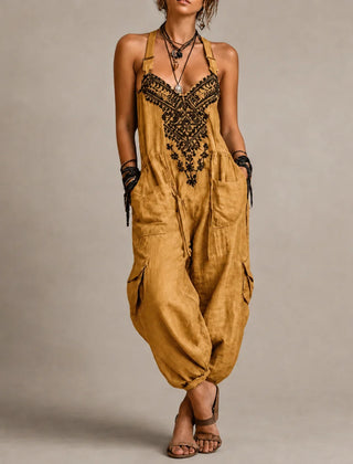 Mustard boho overalls jumpsuit with embroidered V-neck and drawstring waist
