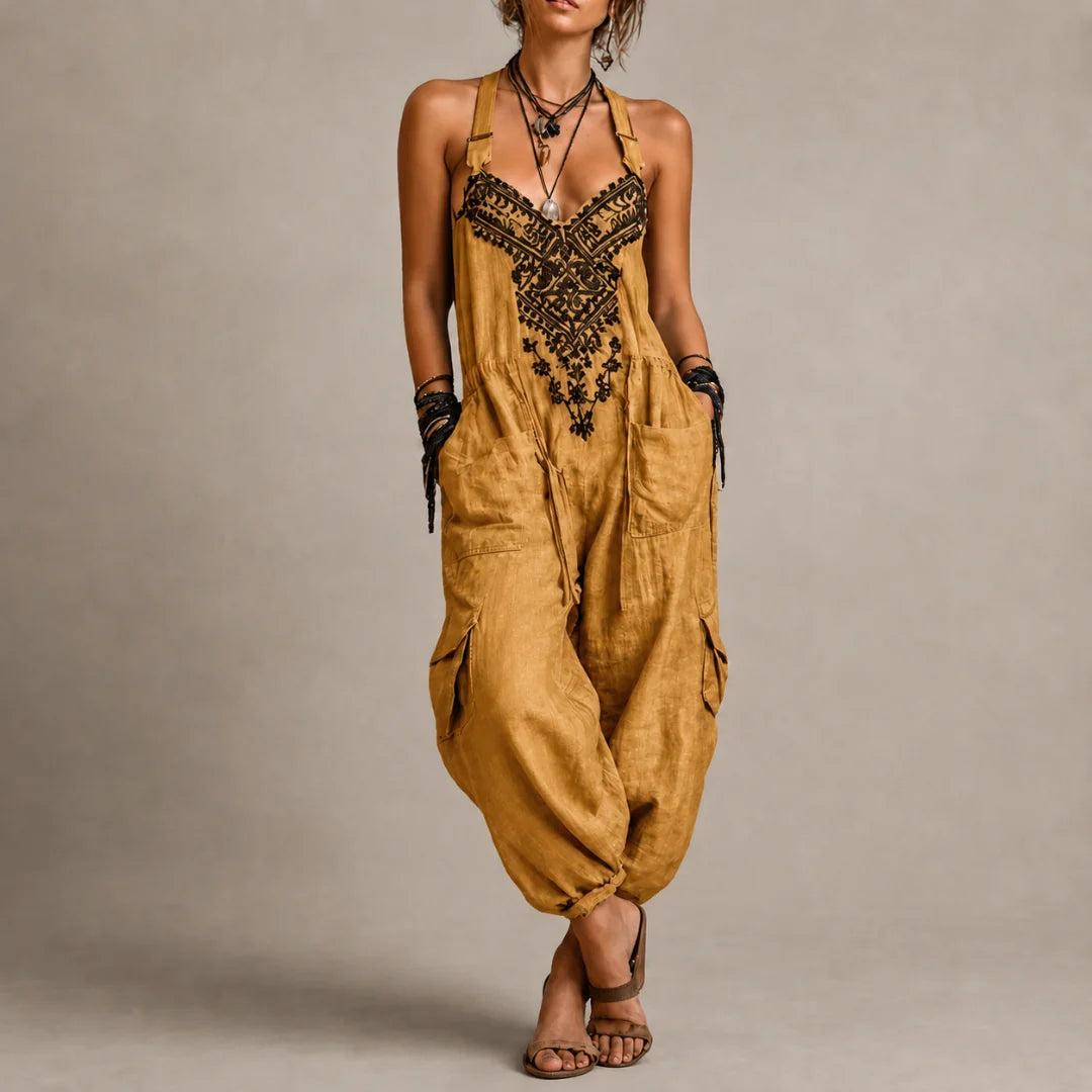 Mustard boho overalls jumpsuit with embroidered V-neck and drawstring waist