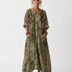 Green oversized midi dress with button front, V-neck, and patch pockets, short sleeves