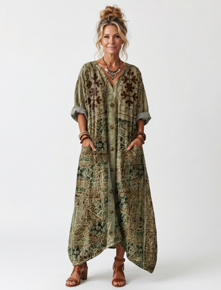 Green oversized midi dress with button front, V-neck, and patch pockets, short sleeves