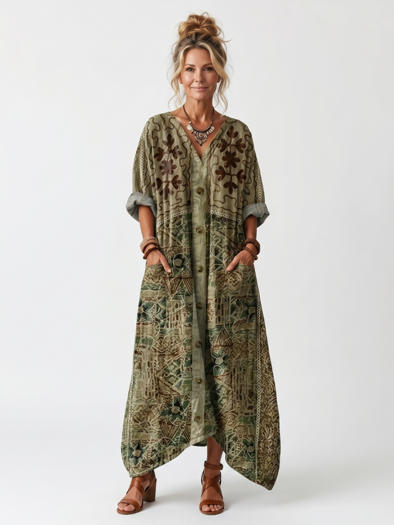 Green oversized midi dress with button front, V-neck, and patch pockets, short sleeves