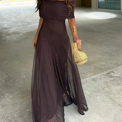 Off-shoulder ruched maxi dress in dark plum with flowing sheer skirt