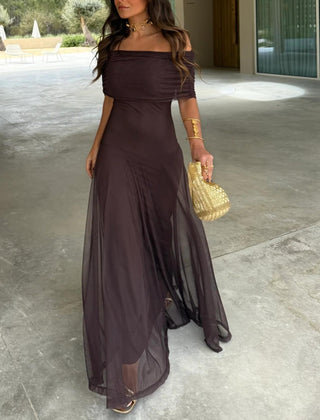 Off-shoulder ruched maxi dress in dark plum with flowing sheer skirt