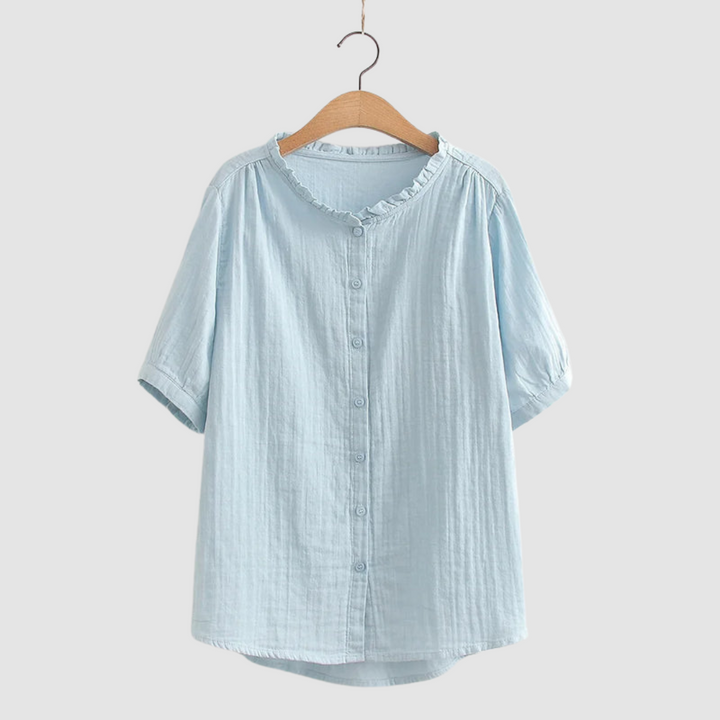 Light blue lightweight cotton button-up shirt with short sleeves and gathered neckline