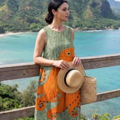 Sleeveless midi dress in olive green with orange octopus wave patch print