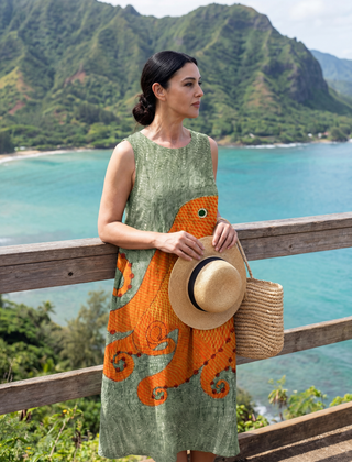 Sleeveless midi dress in olive green with orange octopus wave patch print