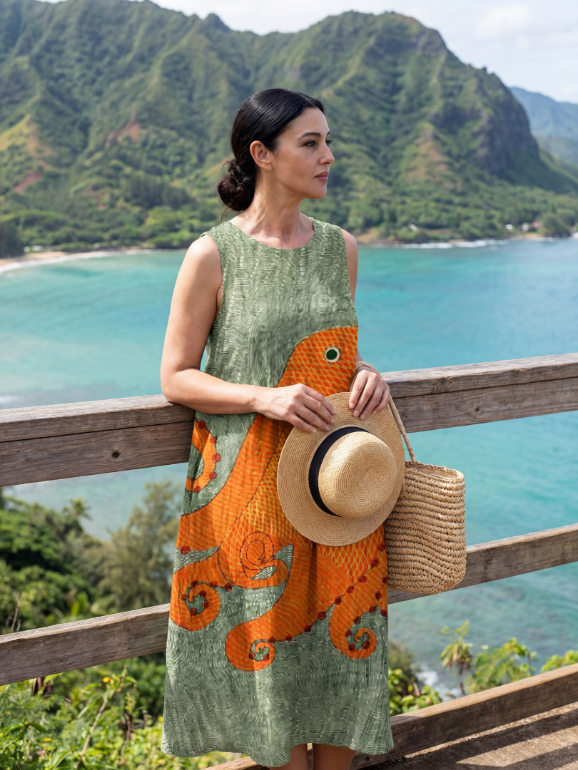 Sleeveless midi dress in olive green with orange octopus wave patch print